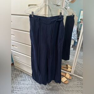 Navy Wide-Leg Linen Viscose Cropped Pants with Belt Tie Summer Flow by Halston✨